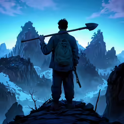 the guy is on top of the hill looking at the mountains