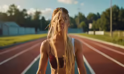 a woman in bikini top standing on track at outdoor stadium