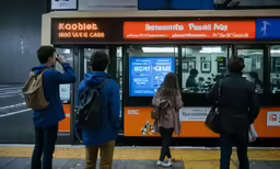 people standing in line at a bus stop for information