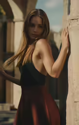 a young woman in a short skirt leaning against a column