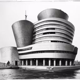an old black and white photo of an unusual building