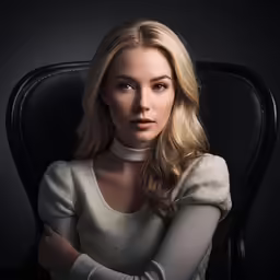 woman in white sweater sitting in chair with arms crossed