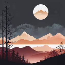trees and the mountains are silhouetted against a hazy sky,two silhouettes of trees and mountains with a moon
