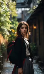 a woman is holding a backpack near a building