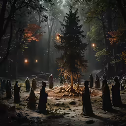 a forest is decorated with glowing lights, including people standing around a pile of wood