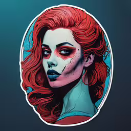 the portrait sticker of harley harley is painted in bright red,a woman with red hair wearing a white shirt