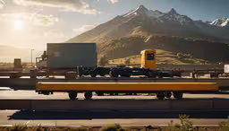 a semi - truck drives in front of some mountains,a yellow tractor trailer driving down a road in front of a mountain