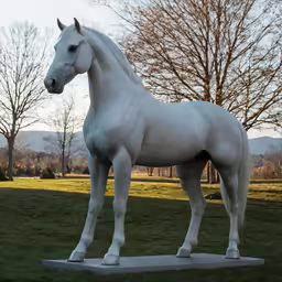 a white statue of a horse stands in a field