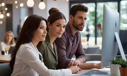 a couple looking at a computer screen while a man and two women are sitting together in front of it