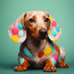 a dog dressed as a polka dot sitting on a green surface