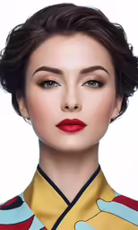 a young woman with red lips and bangs