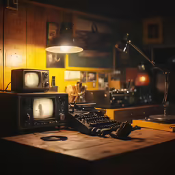 some old televisions sitting on a table