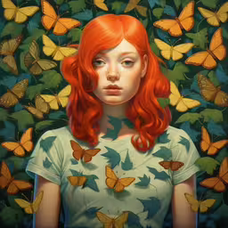 a painting shows a woman with red hair surrounded by green, orange and yellow butterflies,a painting of a girl surrounded by yellow butterflies