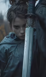young girl holding sword in the rain while standing next to an adult