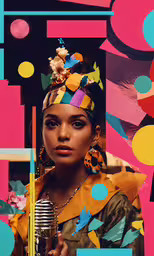 a woman holding a microphone in her hand,a woman with a microphone wearing a colorful hat and scarf