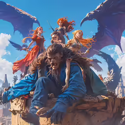 some weird looking people on top of a giant statue
