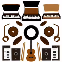 musical instruments arranged in a circle and music equipment
