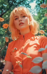 a young blonde woman in an orange outfit posing for a picture