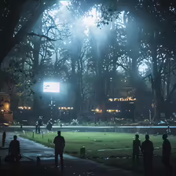 people are standing in a park with a light in the background