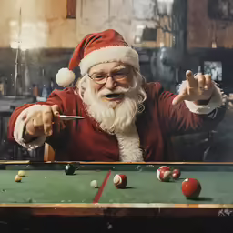 a man wearing a santa hat and glasses playing pool