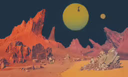 an artistic painting of mountains and rocks in the desert