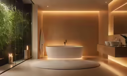 a large bathroom with a round bathtub
