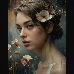 a woman with a flower crown stands in the background of wildflowers