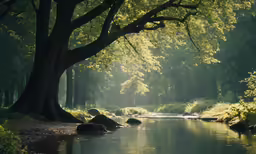 a small stream in the middle of a forest with large rocks and green trees