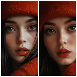 a woman with orange lipstick in a series of photographs
