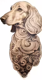 a dog with curls and eyes sitting on the ground