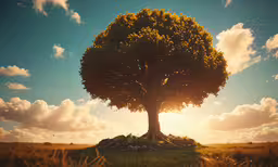 a big tree on top of a hill in the sun,a tree sitting in the middle of a field