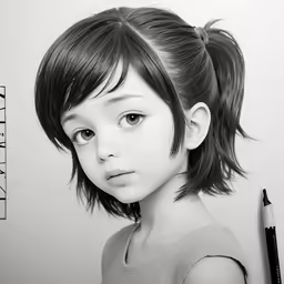 a drawing of a girl with bangs and her pencil