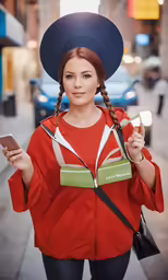 a woman is holding up a phone on the street