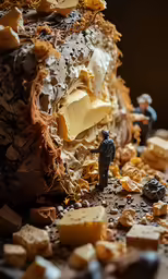 a plastic man standing next to some cut up food
