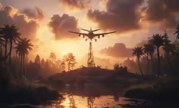 a airplane flying in the sky over some trees