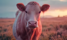 a small cow stands alone in the grass