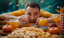 a man sitting at a table with apples, oranges and bread