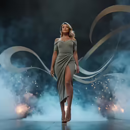 a model walking down a runway wearing a wrap dress