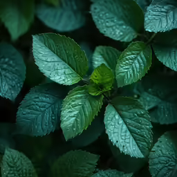 green leaves with dew on them, near a branch