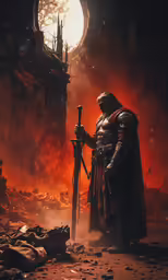 man in armor holding sword next to fire