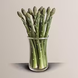 an artisticly colored drawing of some asparagus in a small glass
