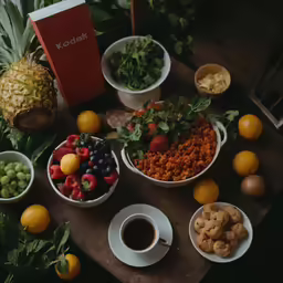 fruit and vegetables are set on a wooden table