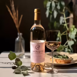 an empty wine glass sits next to a bottle of wine