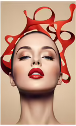 a woman is wearing a red pair of scissors in the form of an object over her head