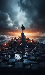 man standing on a pile of stones in the dark