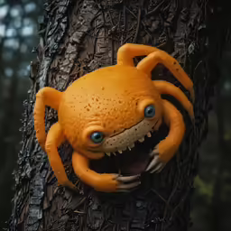the yellow stuffed crab has its mouth open and is on a tree
