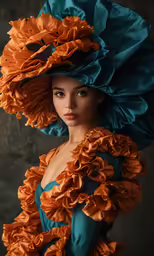 a woman in an orange and blue outfit wearing a large ruffled hat