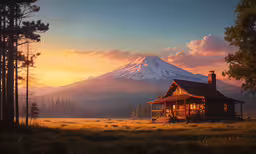 the mountain is setting and it appears to be majestic,a cabin that is on the ground with a mountain behind it
