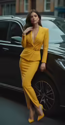 the beautiful woman in yellow is leaning against the car