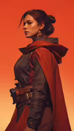 a woman wearing a cape and dress with a gun in her hand
